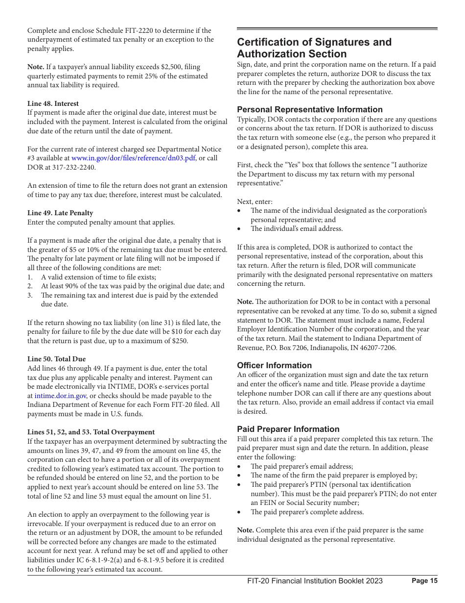 Instructions for Form FIT-20, State Form 44623 Financial Institution Tax Return - 44623, Indiana, Page 15