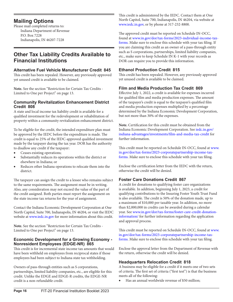 Instructions for Form FIT-20, State Form 44623 Financial Institution Tax Return - 44623, Indiana, Page 16