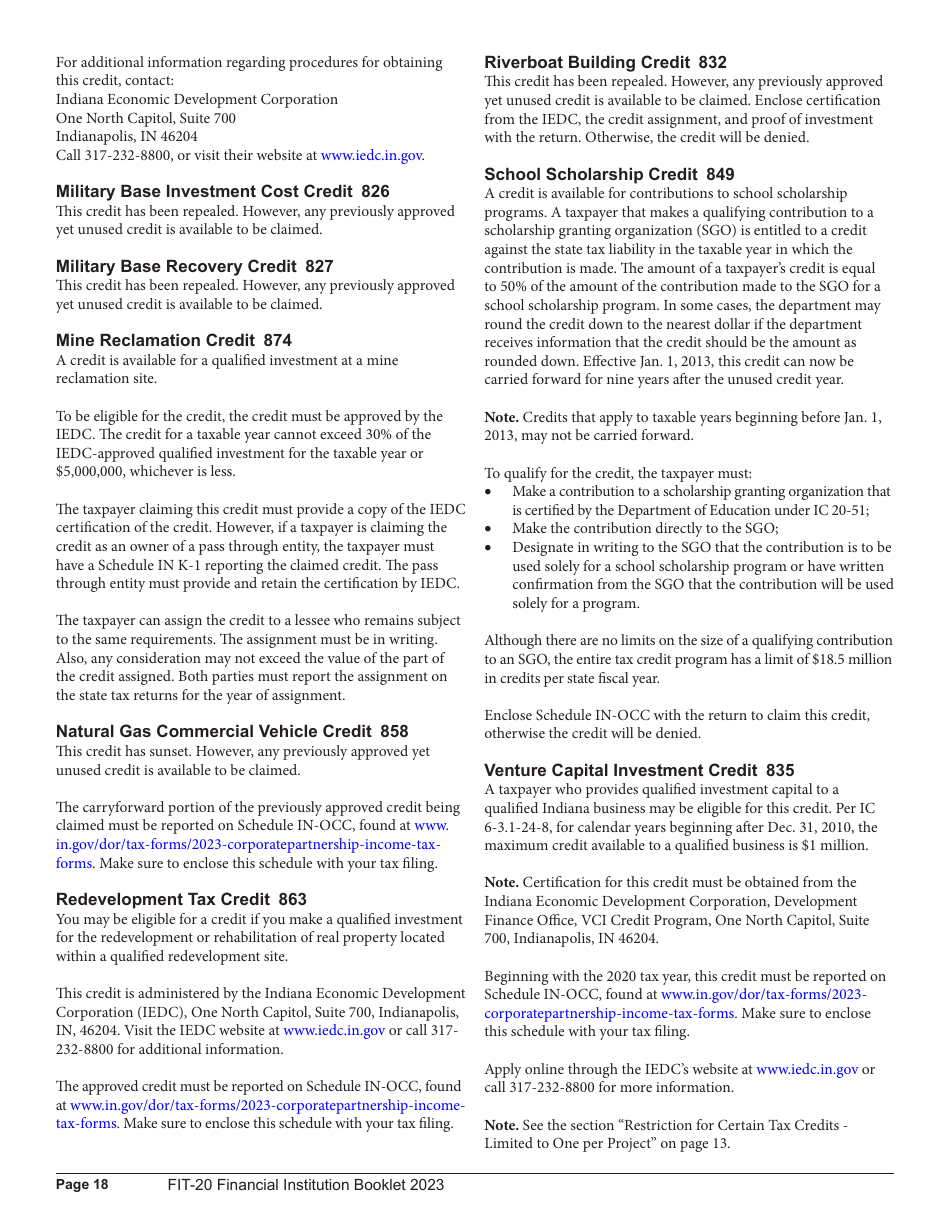 Instructions for Form FIT-20, State Form 44623 Financial Institution Tax Return - 44623, Indiana, Page 18