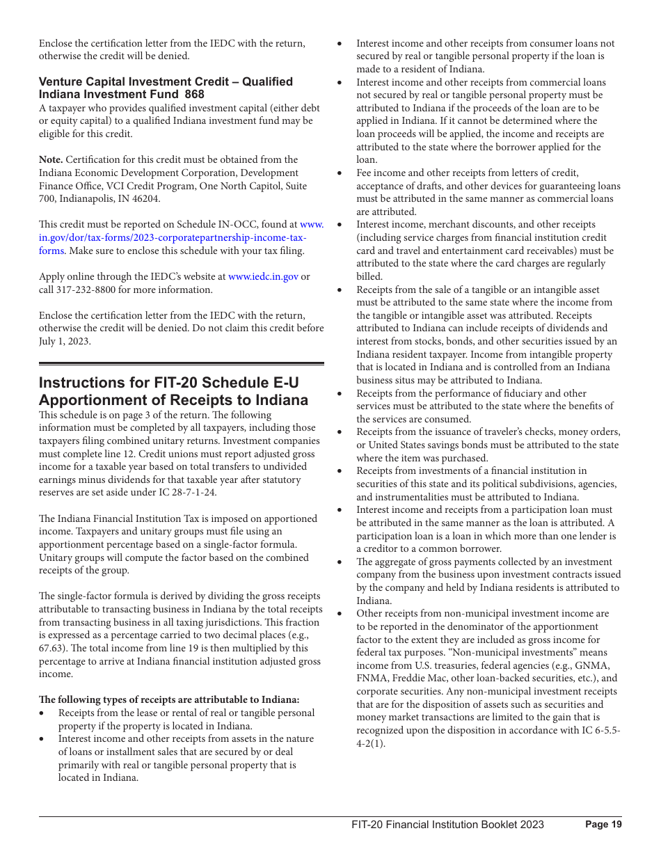 Instructions for Form FIT-20, State Form 44623 Financial Institution Tax Return - 44623, Indiana, Page 19
