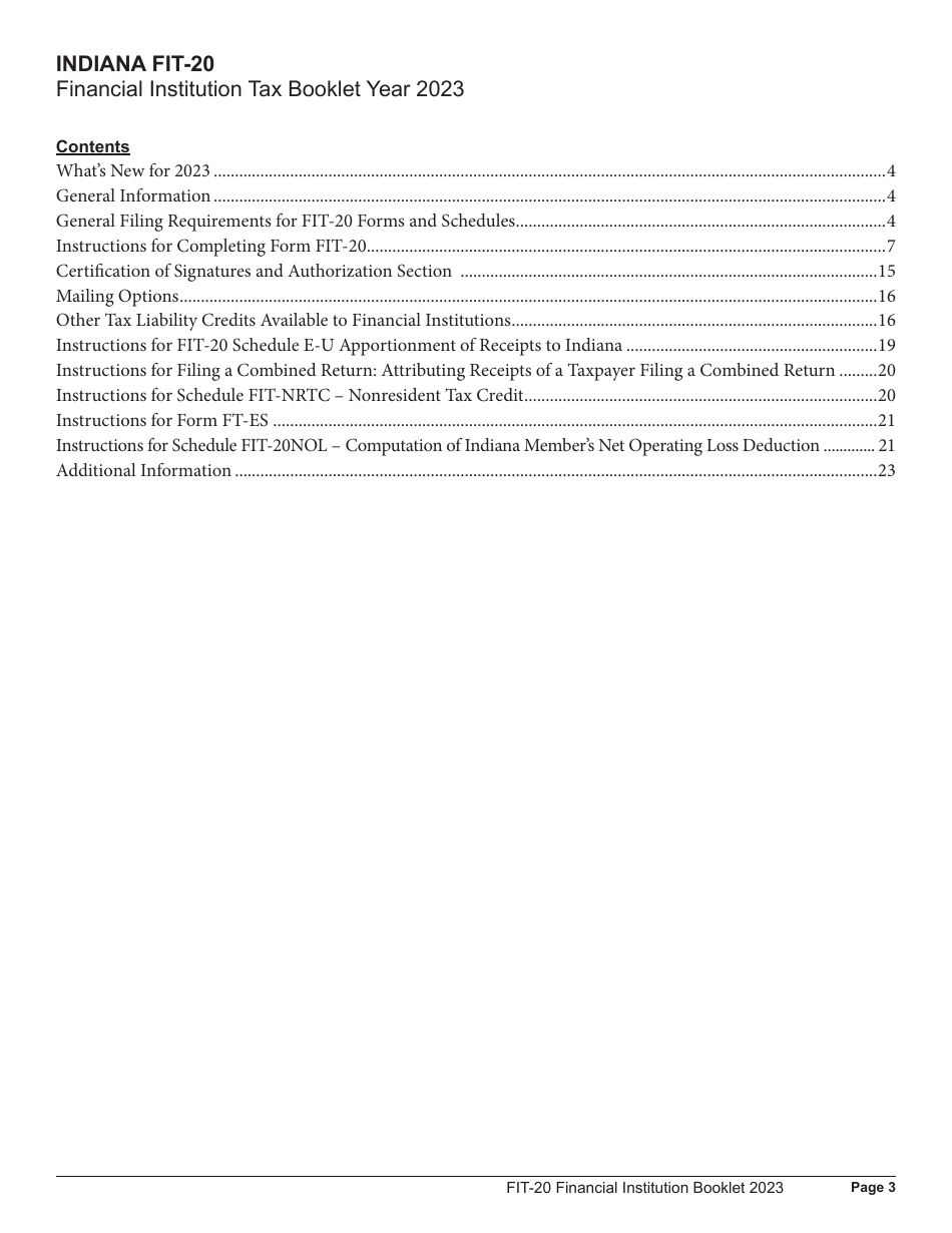 Instructions for Form FIT-20, State Form 44623 Financial Institution Tax Return - 44623, Indiana, Page 3