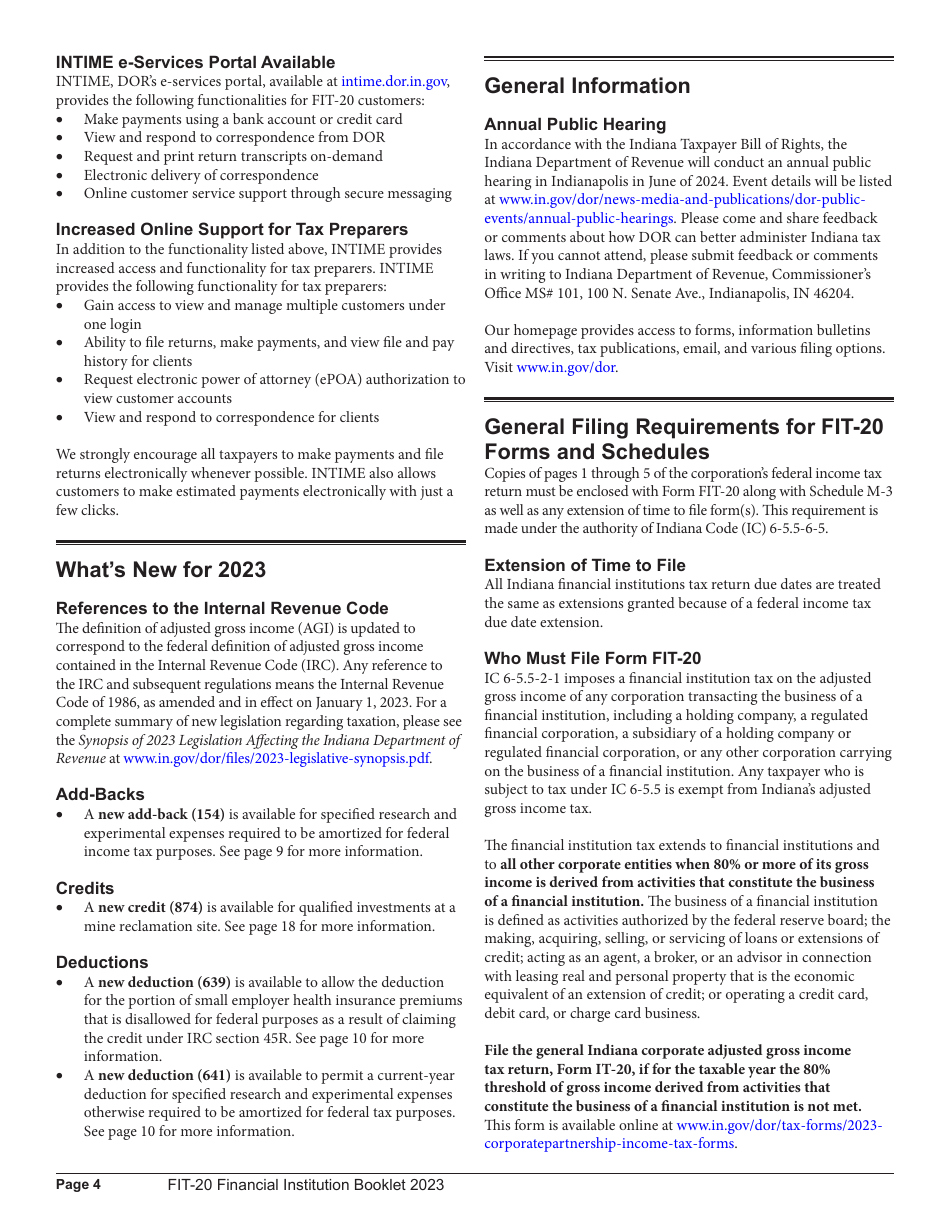 Instructions for Form FIT-20, State Form 44623 Financial Institution Tax Return - 44623, Indiana, Page 4