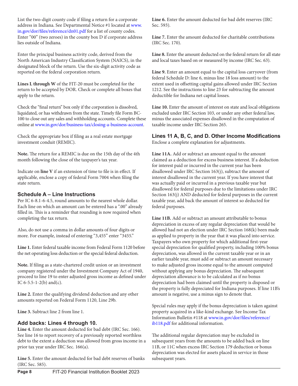 Instructions for Form FIT-20, State Form 44623 Financial Institution Tax Return - 44623, Indiana, Page 8