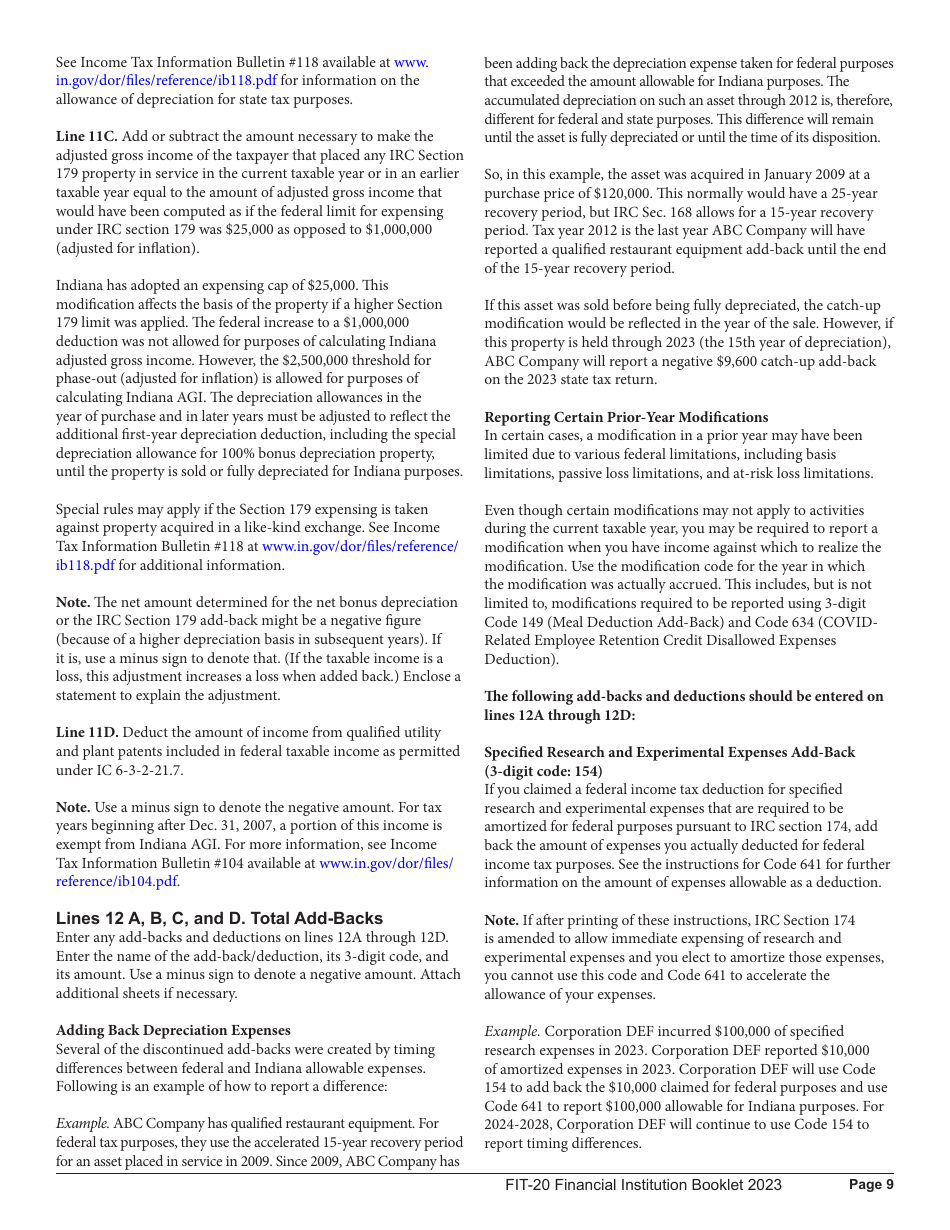 Instructions for Form FIT-20, State Form 44623 Financial Institution Tax Return - 44623, Indiana, Page 9