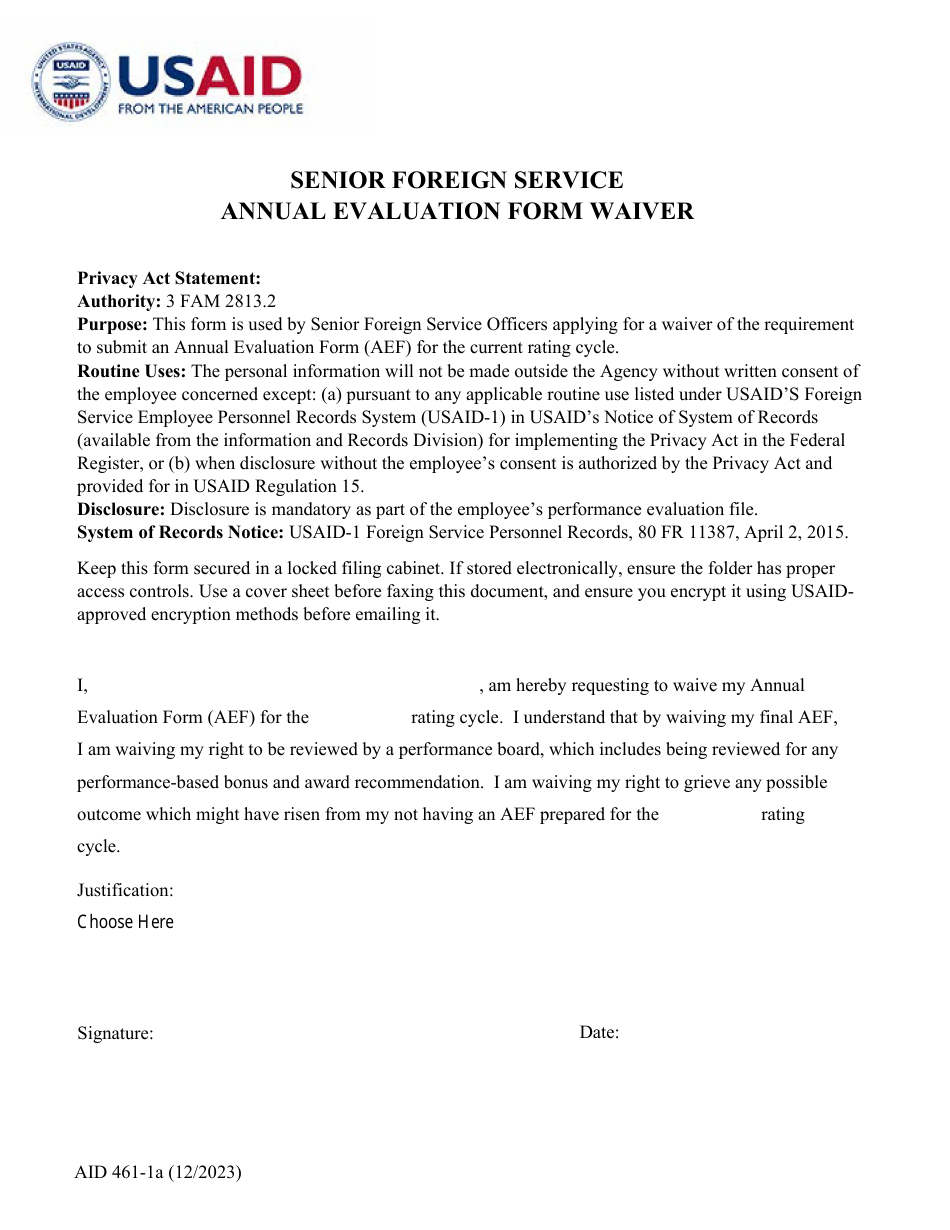 Form AID461-1A Senior Foreign Service Annual Evaluation Form Waiver, Page 1
