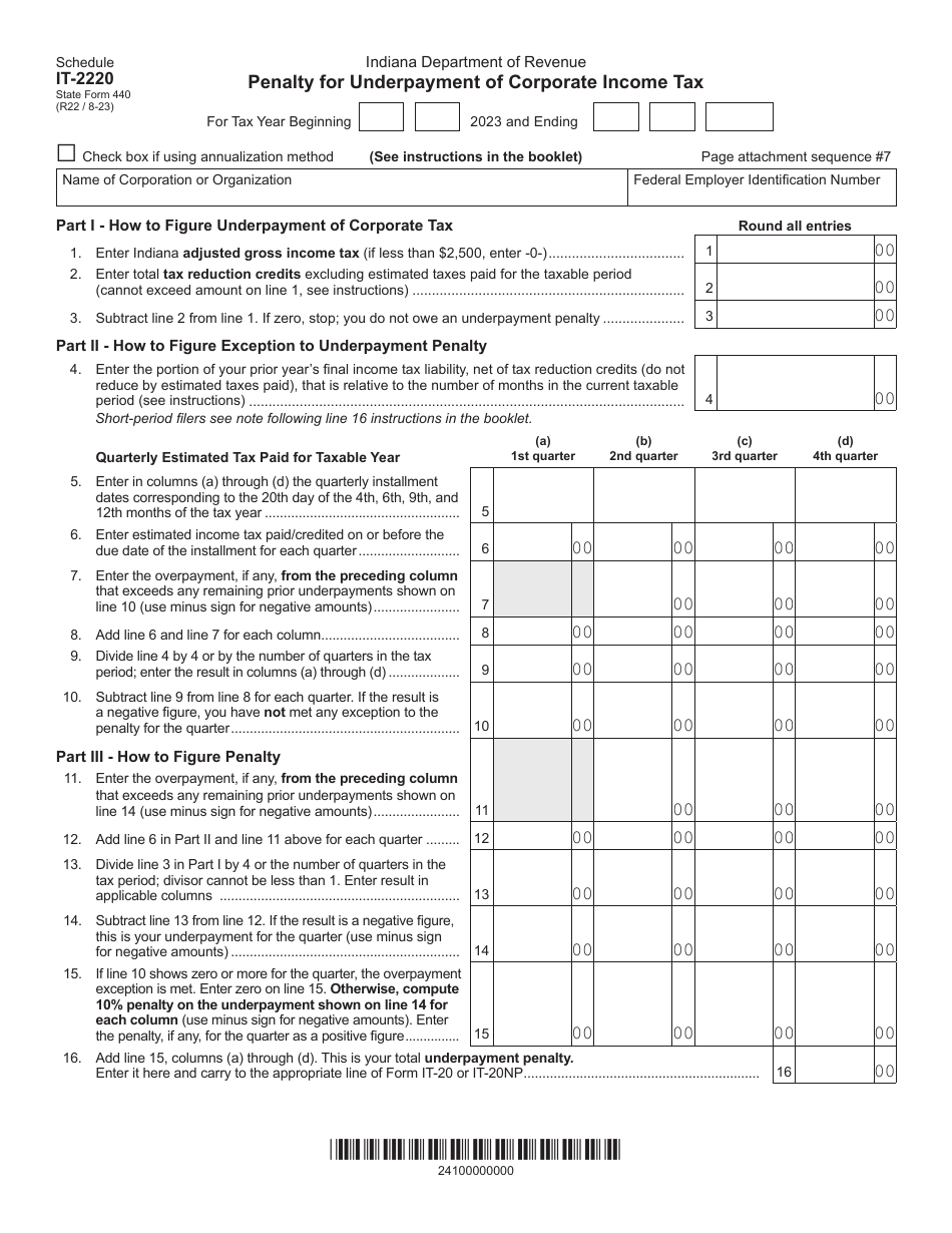 State Form 440 Schedule IT-2220 Penalty for Underpayment of Corporate Income Tax - Indiana, Page 1