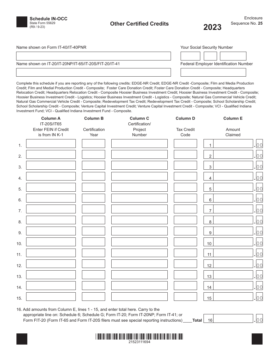 State Form 55629 Schedule IN-OCC Other Certified Credits - Indiana, Page 1