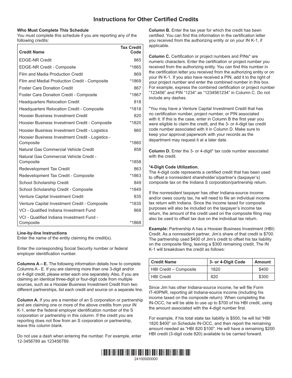 State Form 55629 Schedule IN-OCC Other Certified Credits - Indiana, Page 2