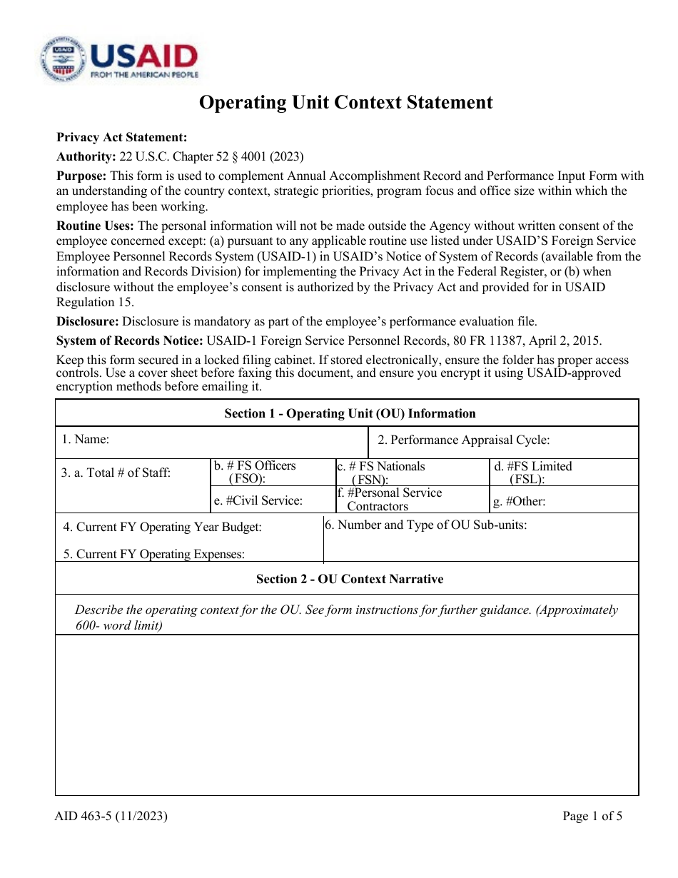 Form AID463-5 Operating Unit Context Statement, Page 1