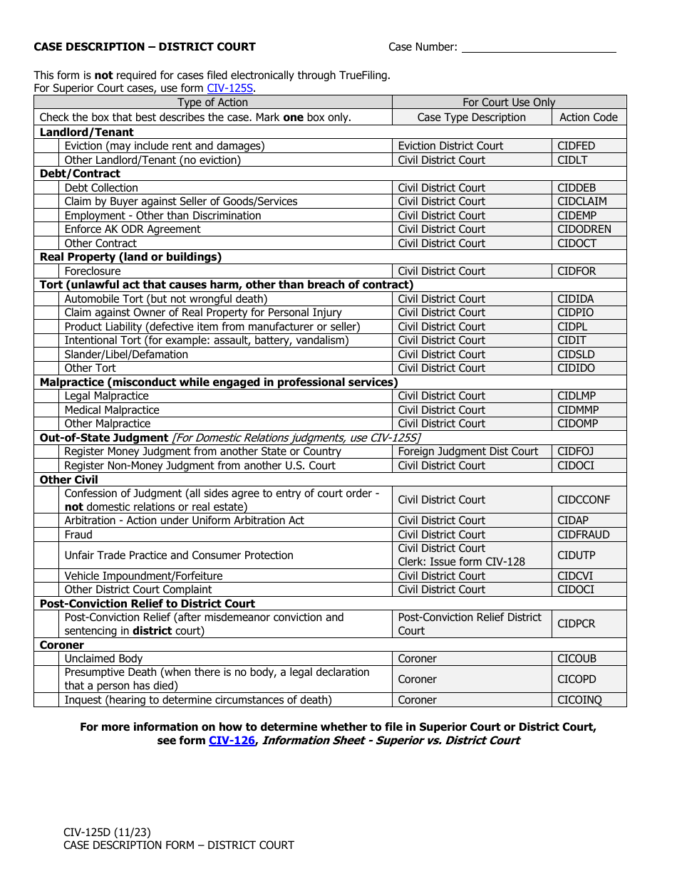 Form CIV-125D Case Description - Alaska, Page 1