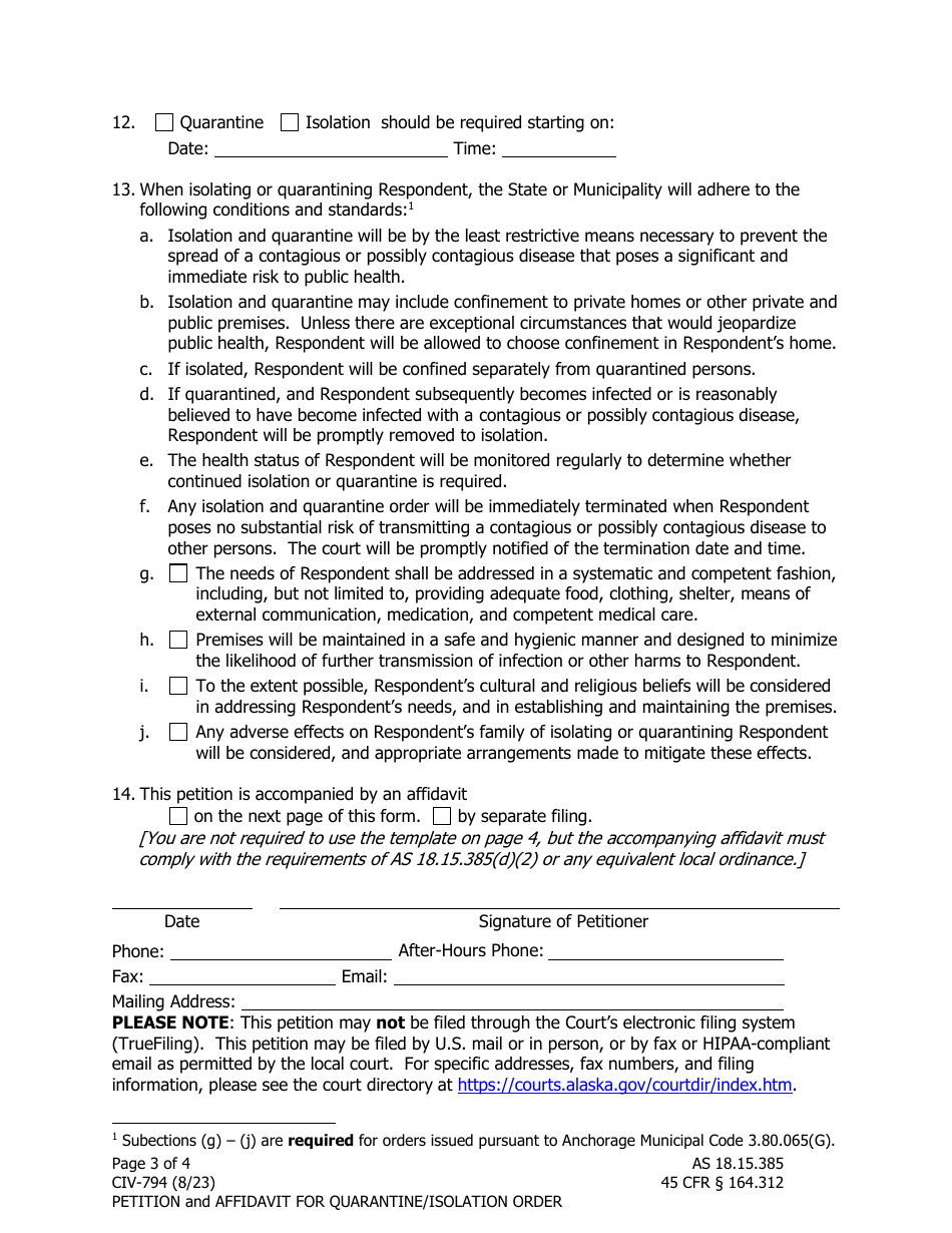 Form CIV-794 Petition for Quarantine or Isolation - Alaska, Page 3