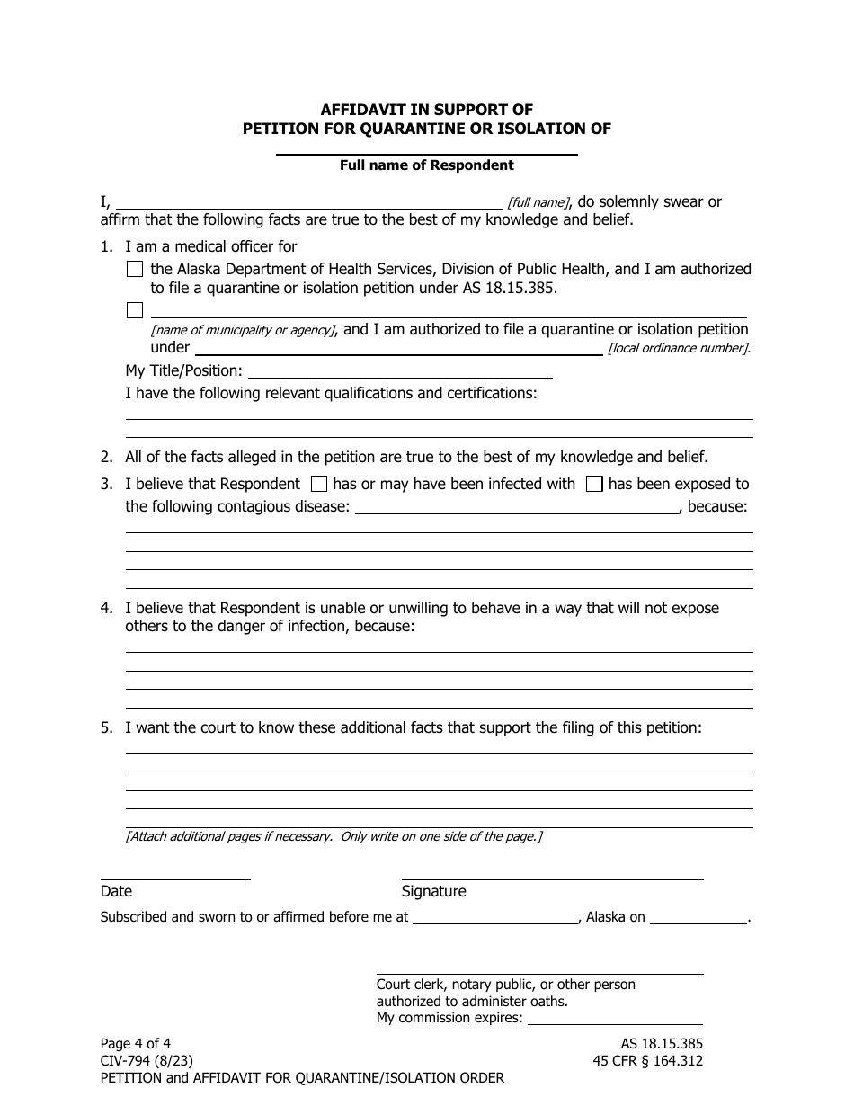 Form CIV-794 Petition for Quarantine or Isolation - Alaska, Page 4
