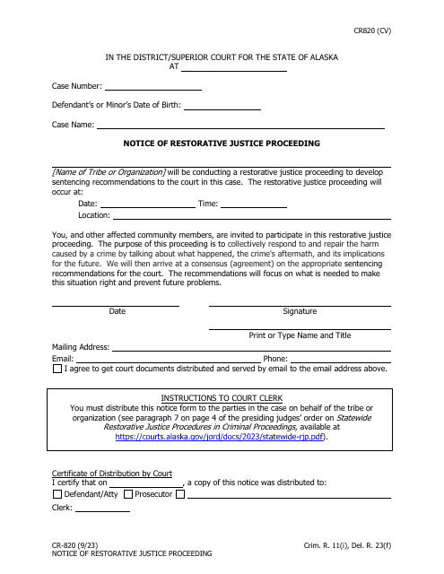 Form CR-820 Notice of Restorative Justice Proceeding - Alaska