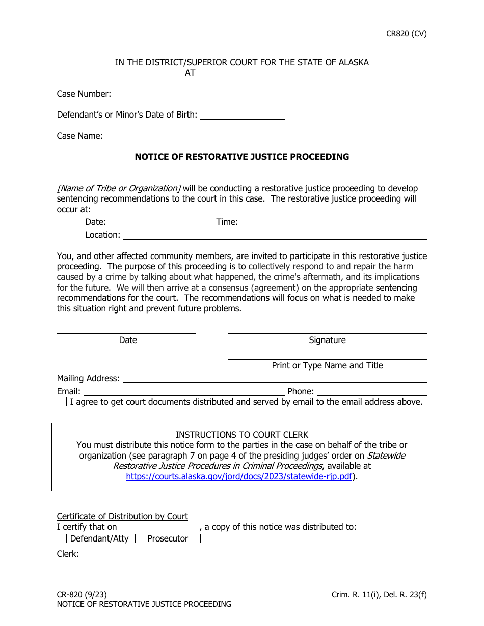 Form CR-820 Notice of Restorative Justice Proceeding - Alaska, Page 1
