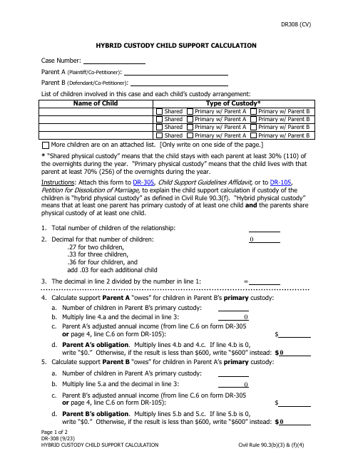 Form DR-308 Hybrid Custody Child Support Calculation - Alaska