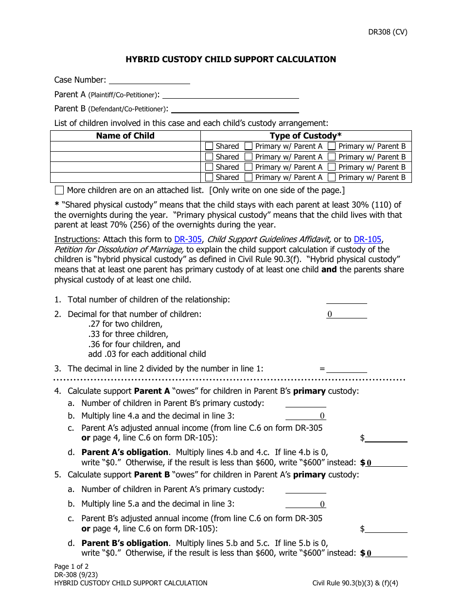 Form DR-308 Hybrid Custody Child Support Calculation - Alaska, Page 1