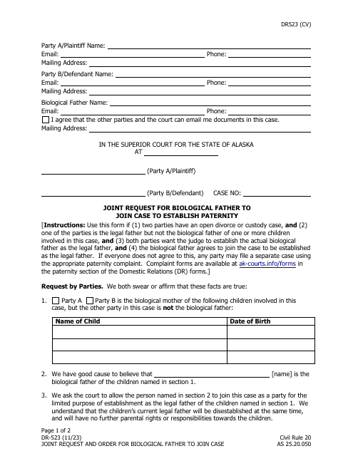 Form DR-523 Joint Request for Biological Father to Join Case to Establish Paternity - Alaska