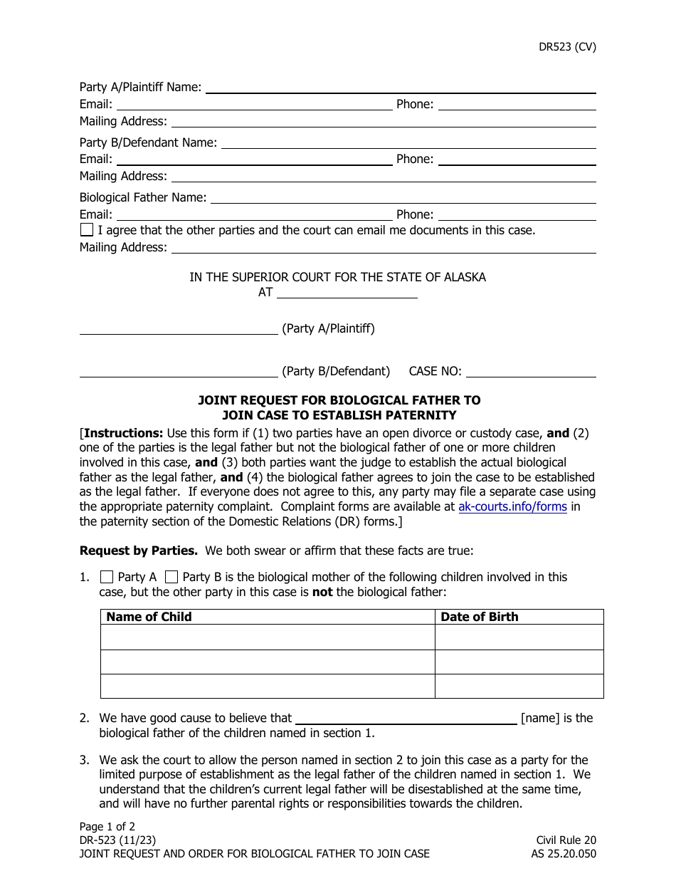 Form DR-523 Joint Request for Biological Father to Join Case to Establish Paternity - Alaska, Page 1