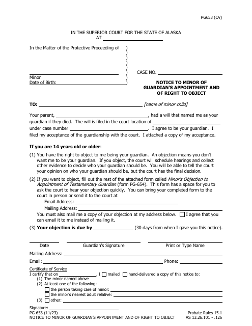 Form PG-653 Notice to Minor of Guardian's Appointment and of Right to Object - Alaska