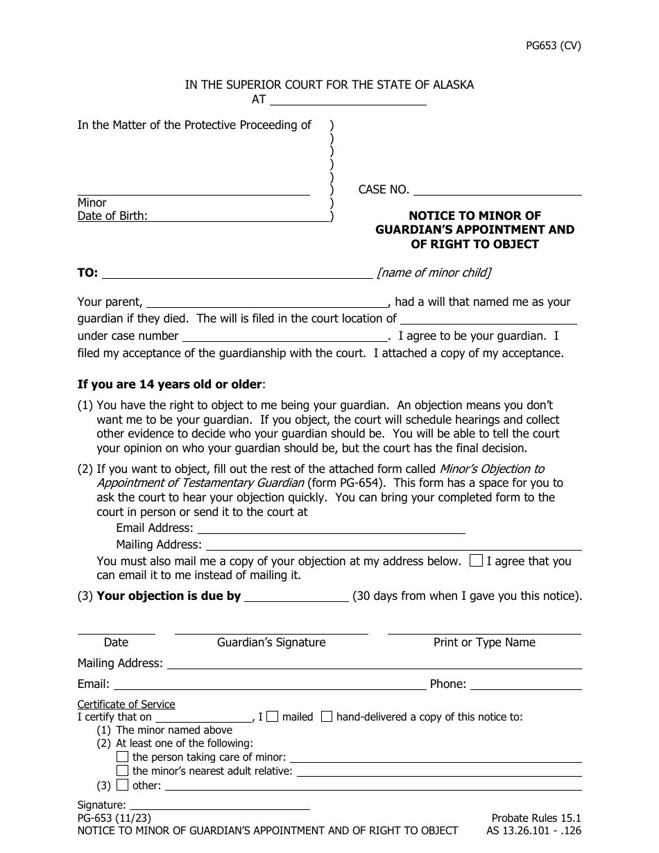 Form PG-653 Notice to Minor of Guardians Appointment and of Right to Object - Alaska, Page 1