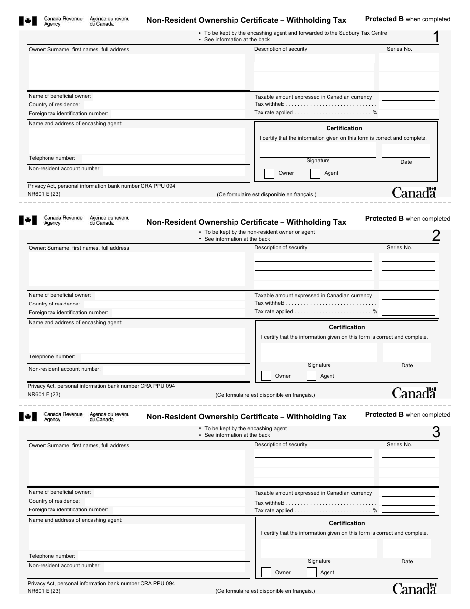 Form NR601 Non-resident Ownership Certificate - Withholding Tax - Canada, Page 1