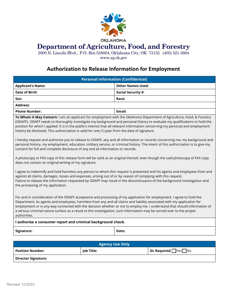 Authorization to Release Information for Employment - Oklahoma, Page 1