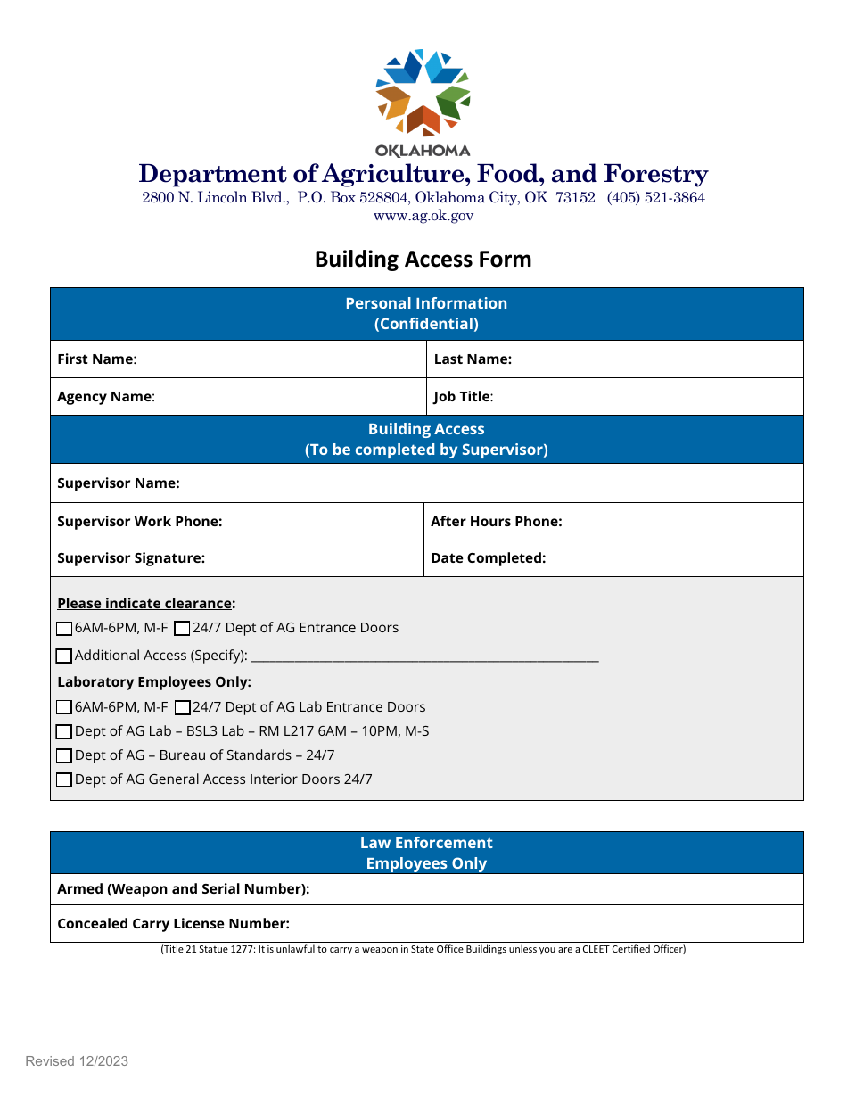 Building Access Form - Oklahoma, Page 1