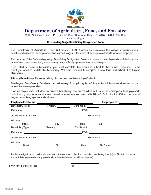 Outstanding Wage Beneficiary Designation Form - Oklahoma Download Pdf