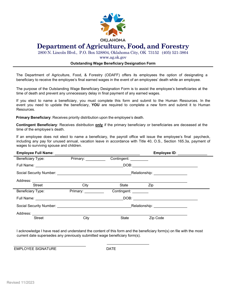Outstanding Wage Beneficiary Designation Form - Oklahoma, Page 1
