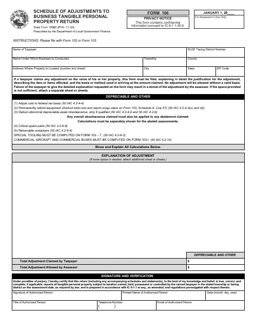 Form 106 (State Form 12980) Schedule of Adjustments to Business Tangible Personal Property Return - Indiana