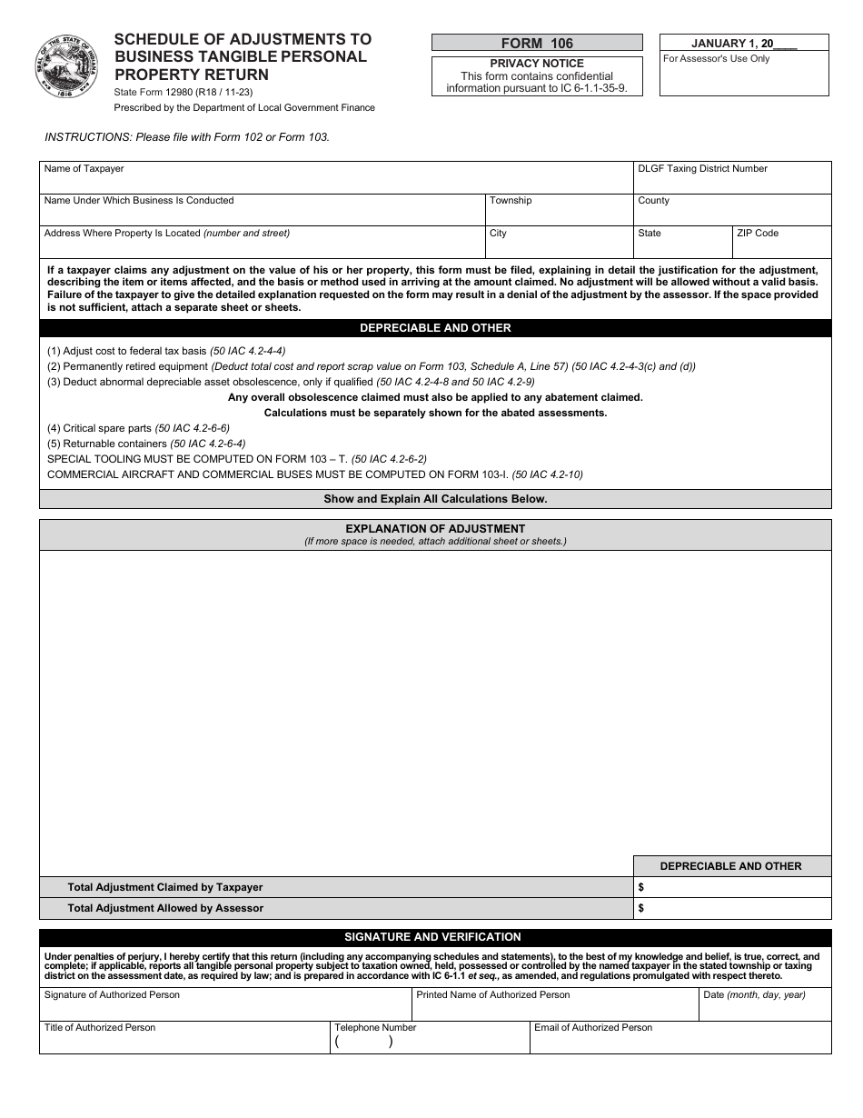Form 106 (State Form 12980) Schedule of Adjustments to Business Tangible Personal Property Return - Indiana, Page 1