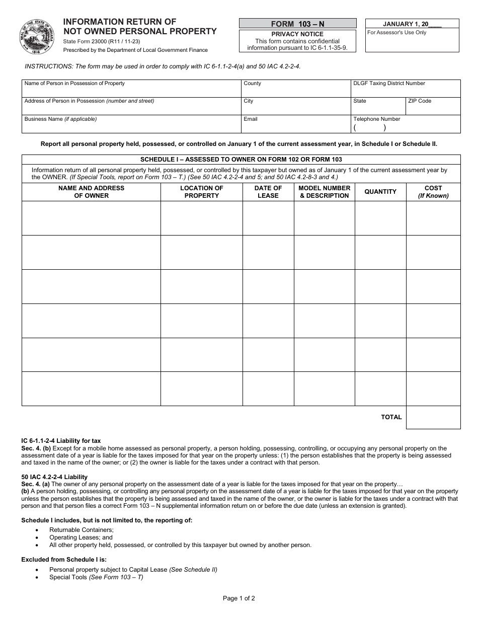Form 103-N (State Form 23000) Information Return of Not Owned Personal Property - Indiana, Page 1