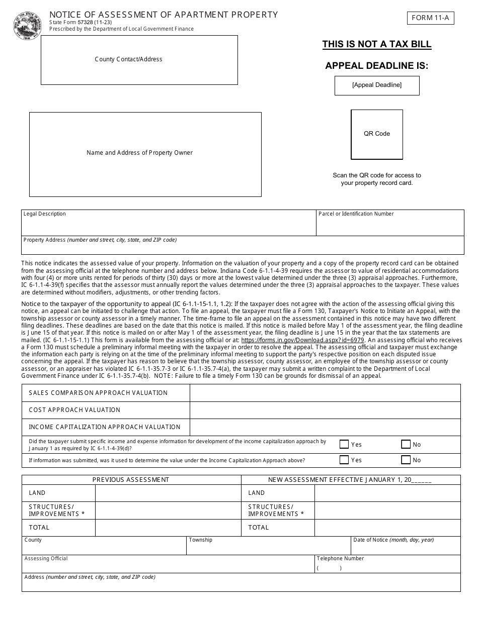 Form 11-A (State Form 57328) Notice of Assessment of Apartment Property - Indiana, Page 1
