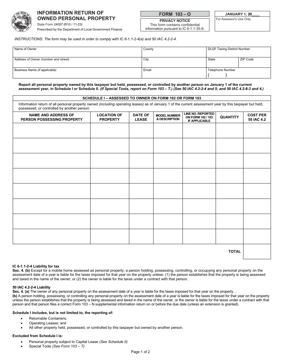Form 103-O (State Form 24057) Information Return of Owned Personal Property - Indiana, Page 1