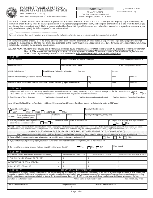 Form 102 (State Form 50006) Farmer's Tangible Personal Property Assessment Return - Indiana, 2024