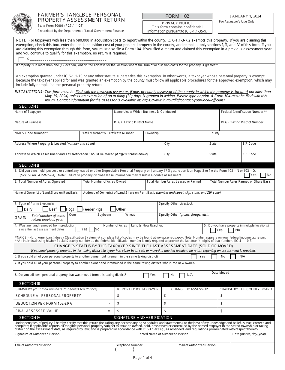 Form 102 (State Form 50006) Farmers Tangible Personal Property Assessment Return - Indiana, Page 1