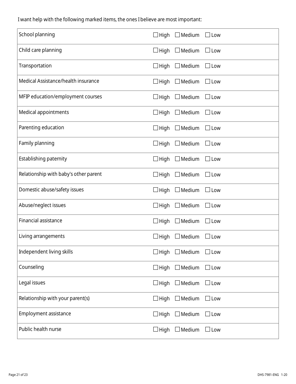 Form DHS-7981-ENG Minor Parent Assessment and Service Plan - Minnesota, Page 21