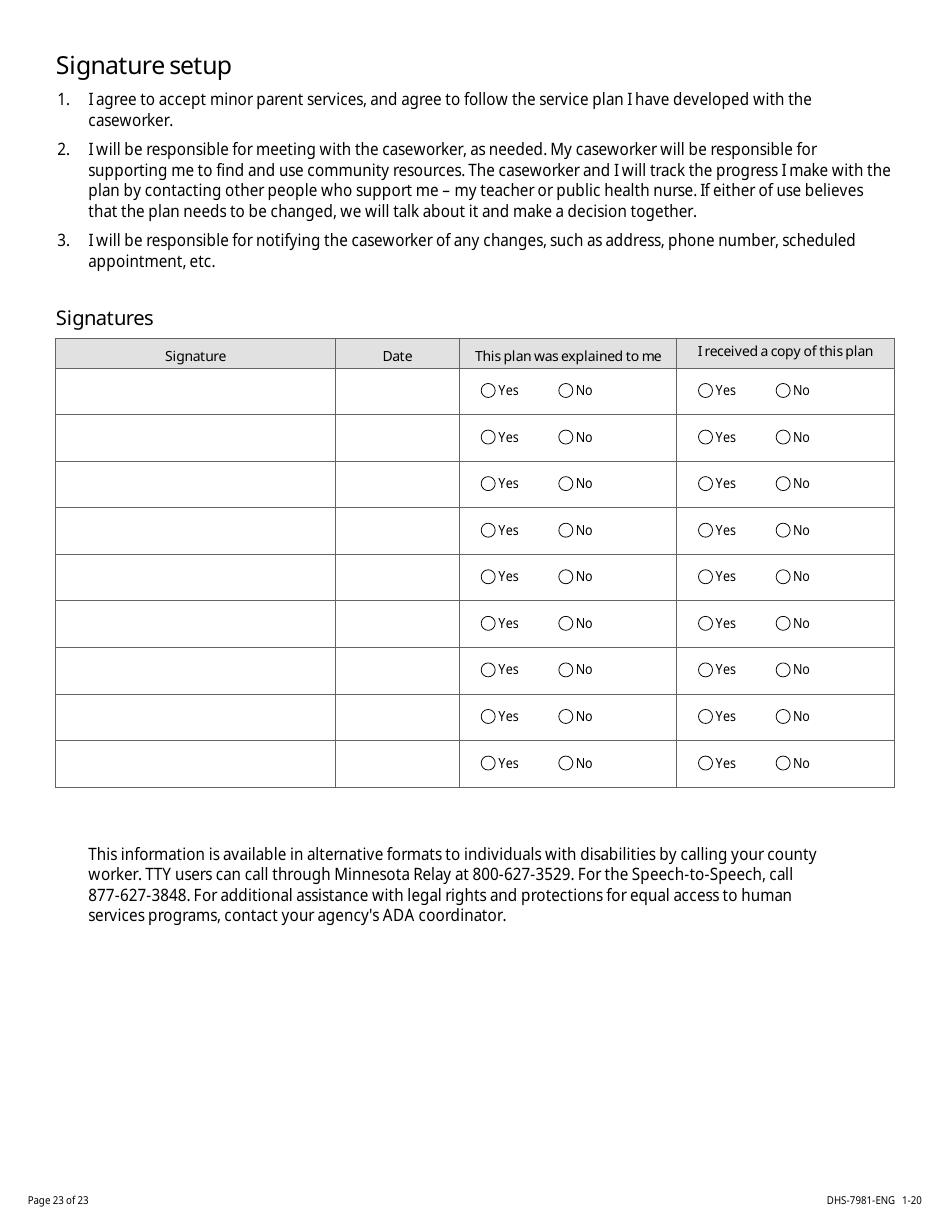 Form DHS-7981-ENG Minor Parent Assessment and Service Plan - Minnesota, Page 23