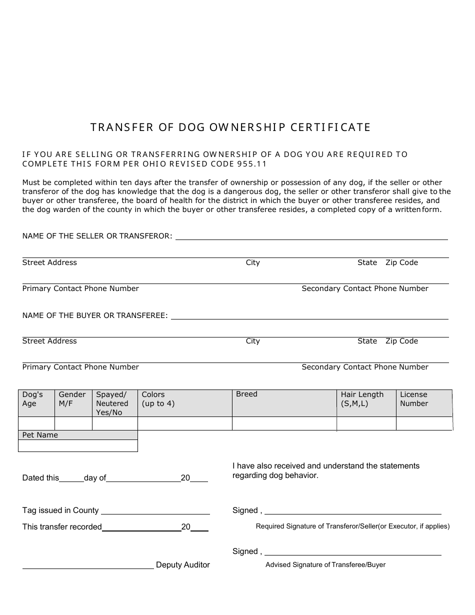 Transfer of Dog Ownership Certificate - Butler County, Ohio, Page 1