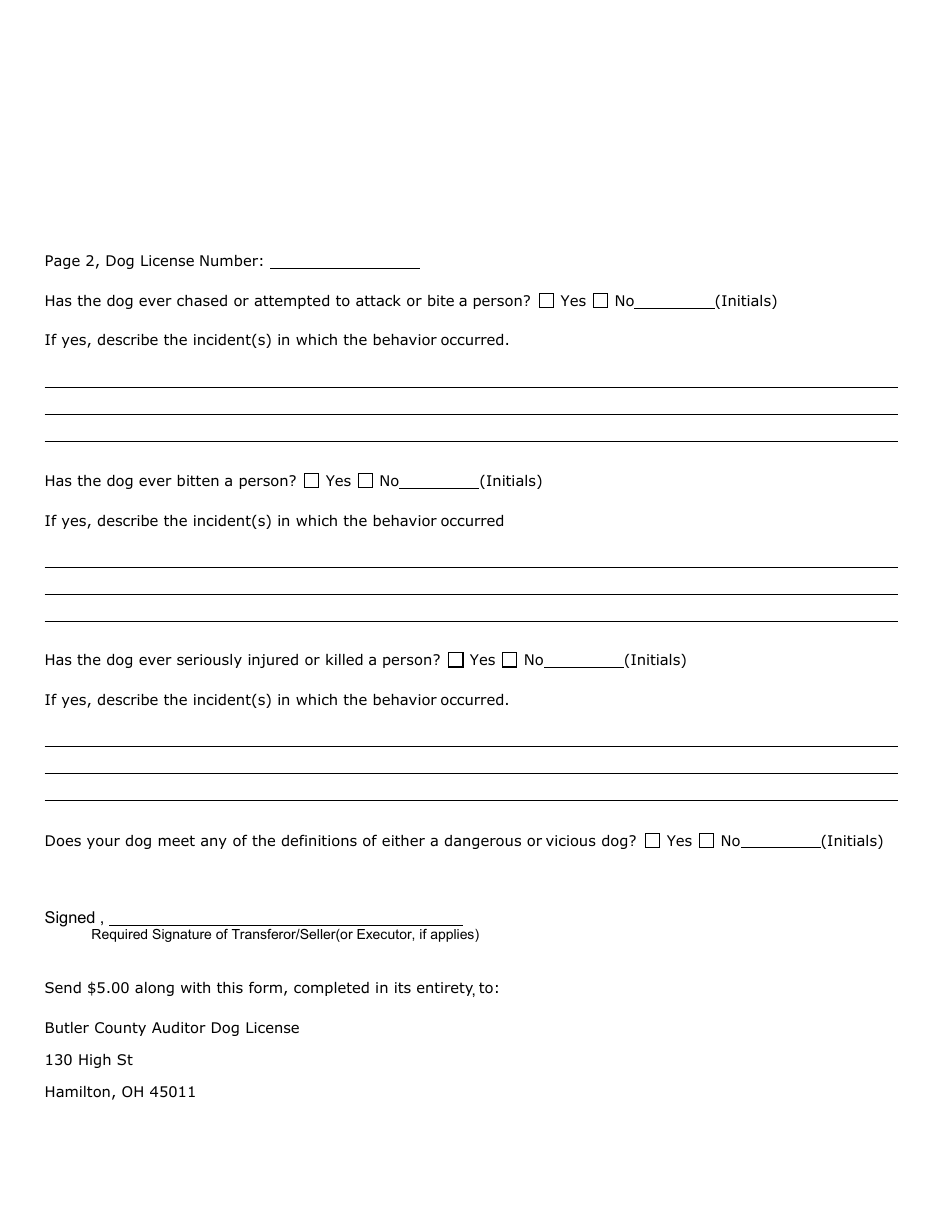 Transfer of Dog Ownership Certificate - Butler County, Ohio, Page 2