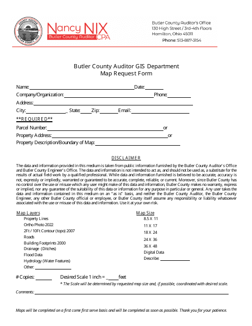 Map Request Form - Butler County, Ohio Download Pdf