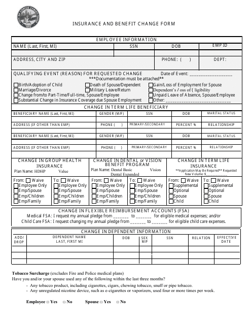 Insurance and Benefit Change Form - City of Corpus Christi, Texas Download Pdf