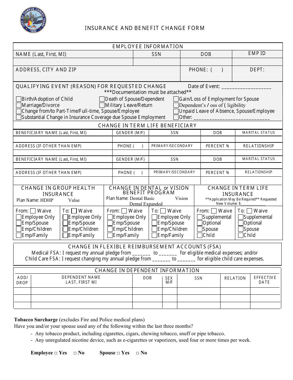 Insurance and Benefit Change Form - City of Corpus Christi, Texas, Page 1