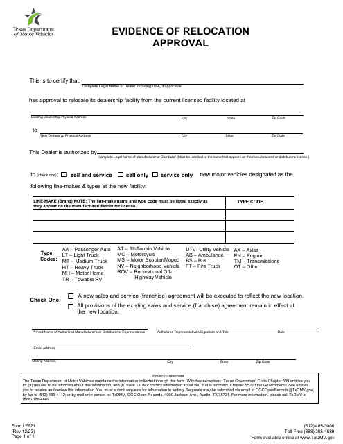 Form LF621 Evidence of Relocation Approval - Texas