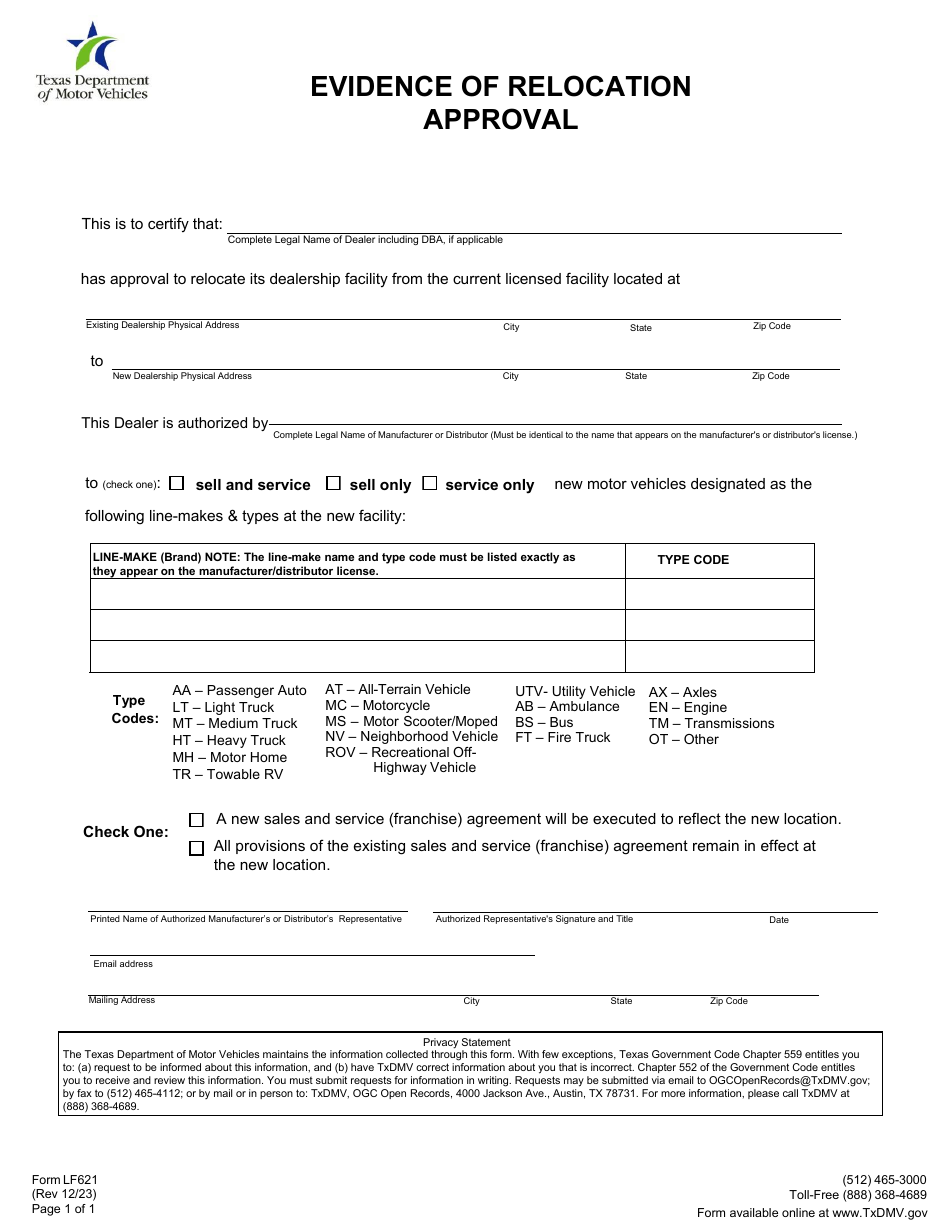 Form LF621 Evidence of Relocation Approval - Texas, Page 1