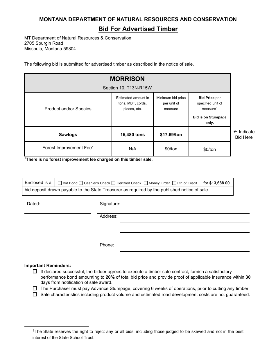 Bid for Advertised Timber - Morrison - Montana, Page 1