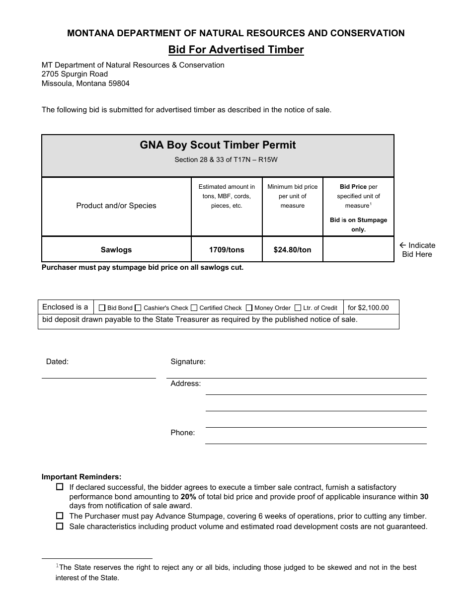 Bid for Advertised Timber - Gna Boy Scout Timber Permit - Montana, Page 1