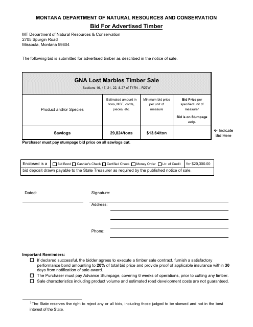 Bid for Advertised Timber - Gna Lost Marbles Timber Sale - Montana