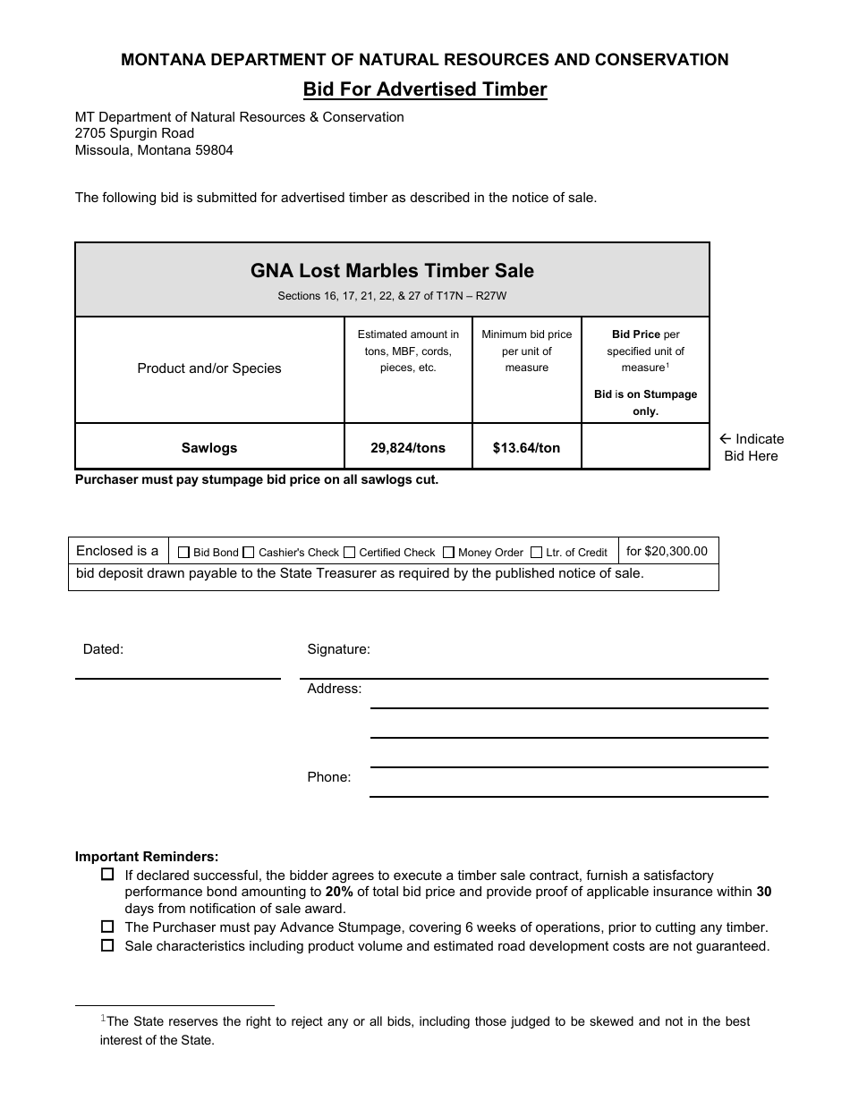 Bid for Advertised Timber - Gna Lost Marbles Timber Sale - Montana, Page 1