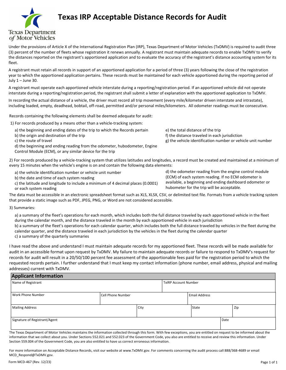 Form MCD-467 Texas Irp Acceptable Distance Records for Audit - Texas, Page 1